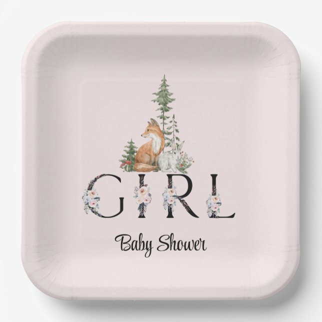 Assiettes En Carton Baby shower des filles des animaux des bois (Recto)