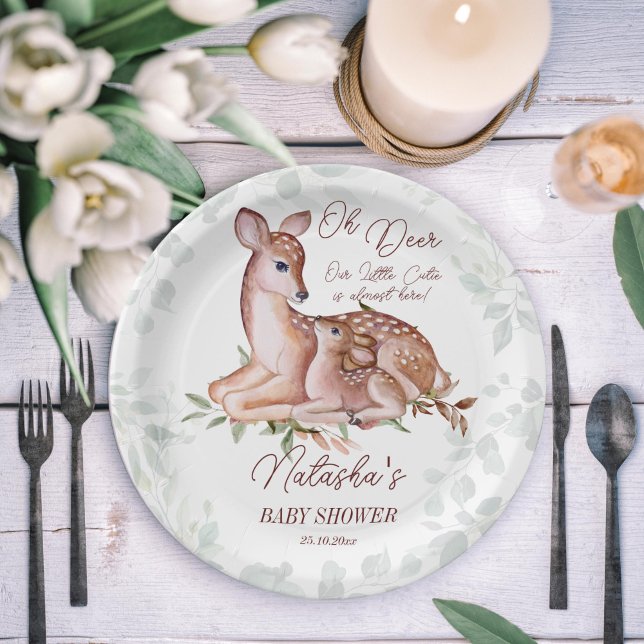 Assiettes En Carton Baby shower des forêts de cerfs (Oh deer she's almost here woodlands baby shower tableware personalized plates doe and foal greenery)