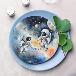 Assiettes En Carton Baby shower des jumeaux astronautes de l'espace ex<br><div class="desc">Twins baby shower Espace externe astronaute baby shower modifiable plaques modèles,  bébé d'aquarelle mignon dans un costume d'espace volant dans l'espace personnalisées vaisselle modèle</div>