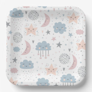 Assiettes En Carton Baby shower des nuages de lune