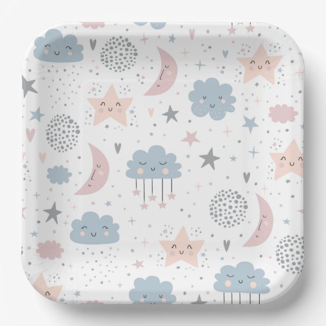 Assiettes En Carton Baby shower des nuages de lune (Recto)