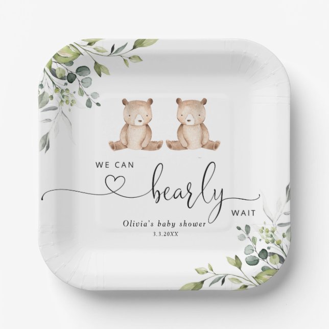 Assiettes En Carton Baby shower des ours jumeaux Eucalyptus (Recto)