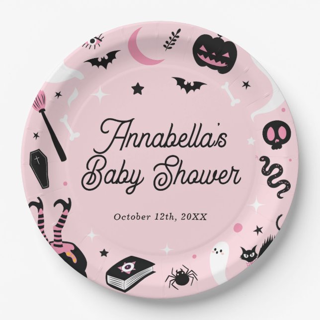 Assiettes En Carton Baby shower d'Halloween rose (Devant)