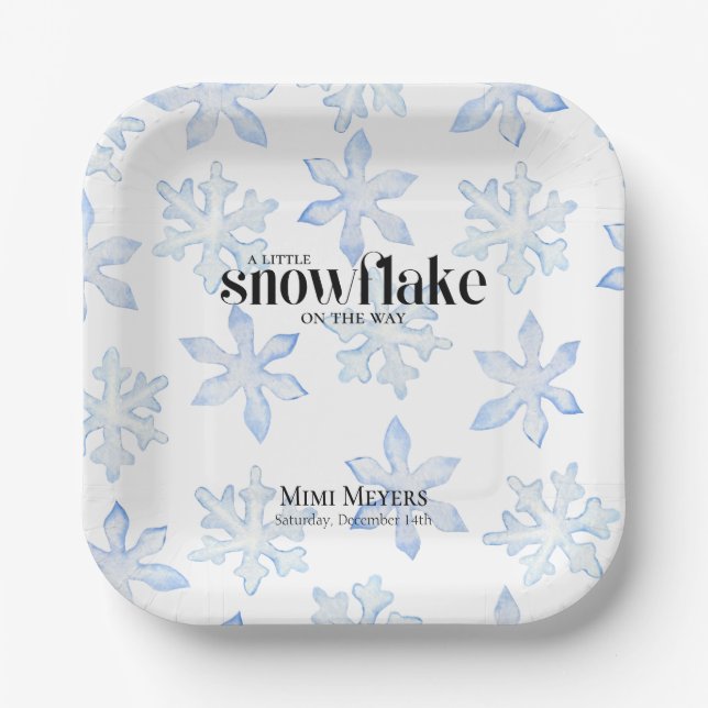 Assiettes En Carton Baby shower d'hiver bleu Little Snowflake (Recto)