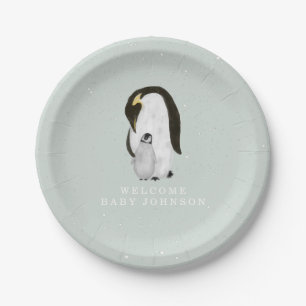Assiettes En Carton Baby shower d'hiver bleu Mama et Baby Penguins