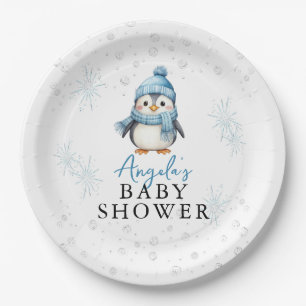 Assiettes En Carton Baby shower d'hiver de Pingouin de garçon bleu mou