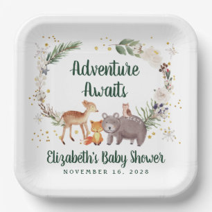 Assiettes En Carton Baby shower d'hiver des animaux rustiques en bois