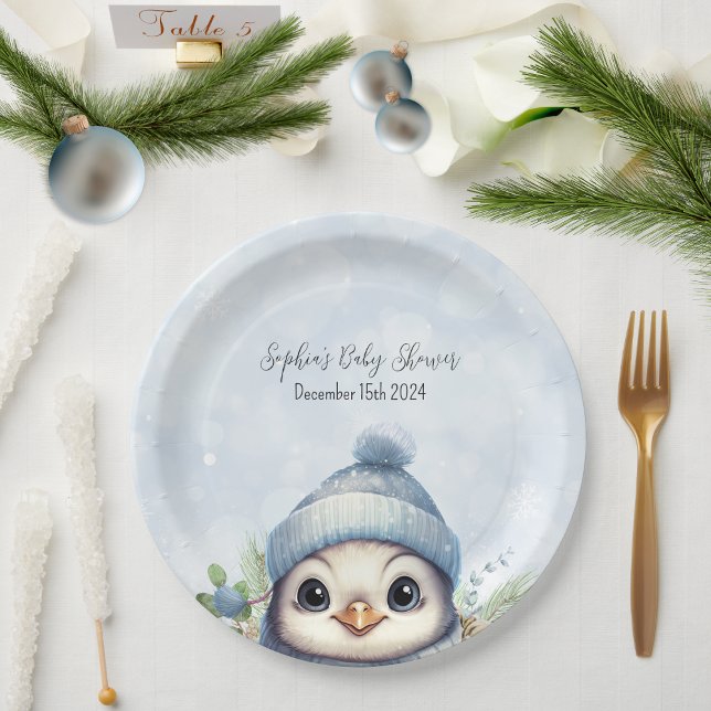 Assiettes En Carton Baby shower d'hiver du garçon bleu pingouin mou (Créateur téléchargé)