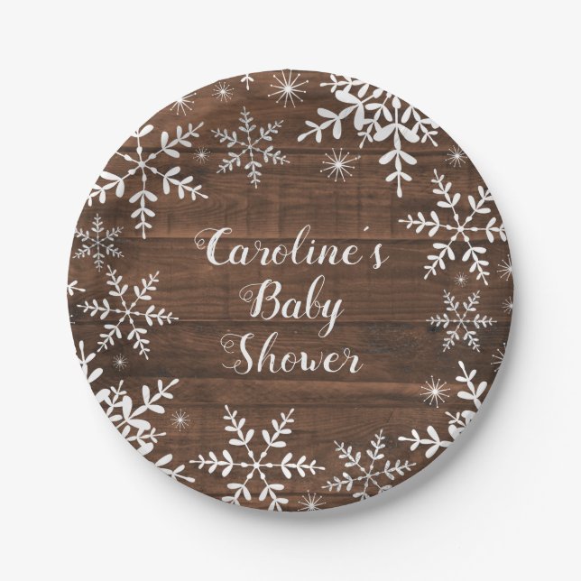 Assiettes En Carton Baby shower d'hiver Flammes de neige rustiques (Devant)
