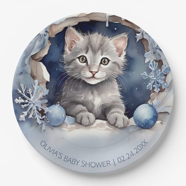 Assiettes En Carton Baby shower d'hiver petite chatte aquarelle (Devant)