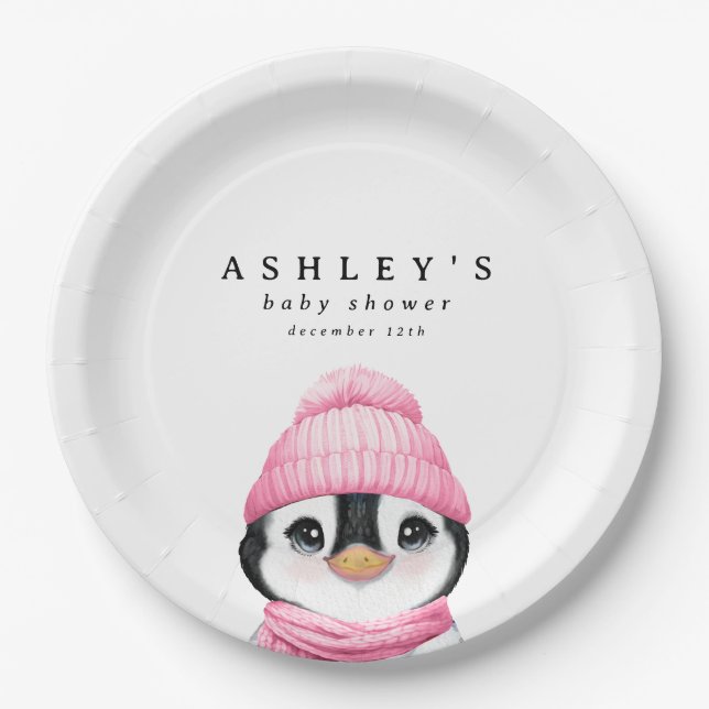 Assiettes En Carton Baby shower d'hiver Pingouin Rose (Devant)