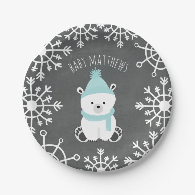 Assiettes En Carton Baby shower d'hiver pour ours polaire (Devant)