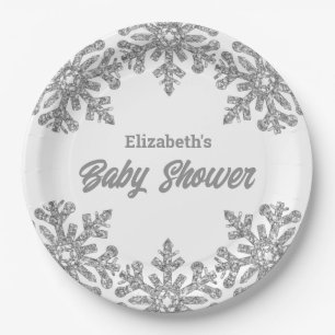 Assiettes En Carton Baby shower d'hiver Silver Snowflake