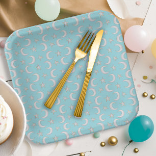 Assiettes En Carton Baby shower d'illustration Moon Star Aqua