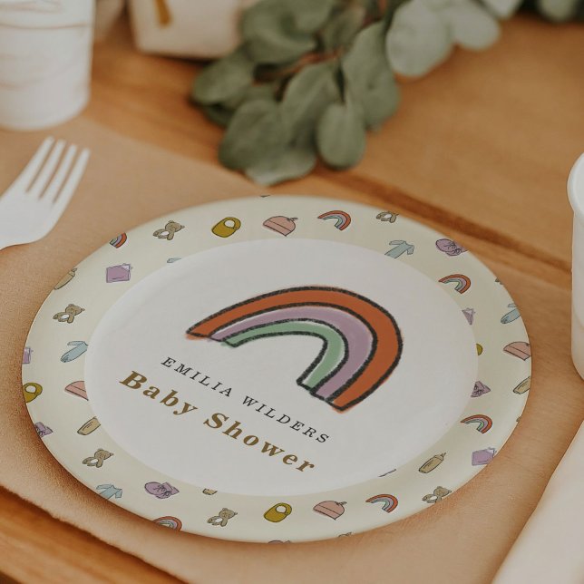 Assiettes En Carton Baby shower d'illustration Rainbow Newborn (Rainbow Newborn Illustration Baby Shower Paper Plates)