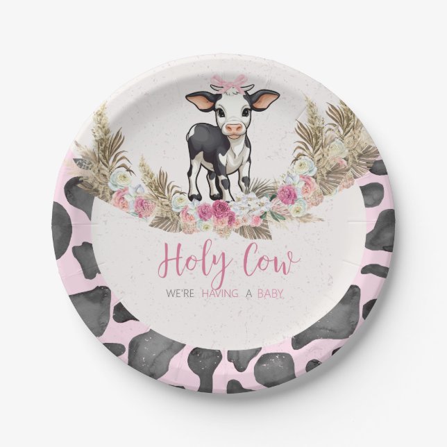 Assiettes En Carton Baby shower d'impression de vache rose Holy Cow (Devant)