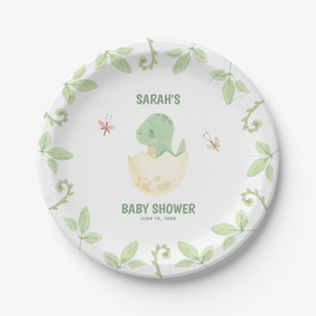 Assiettes En Carton Baby shower Dinosaure d'aquarelle neutre pour les  (Devant)