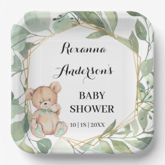Assiettes En Carton Baby shower d'or Bear Greenery