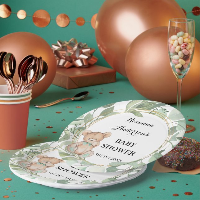 Assiettes En Carton Baby shower d'or Bear Greenery (Multi)