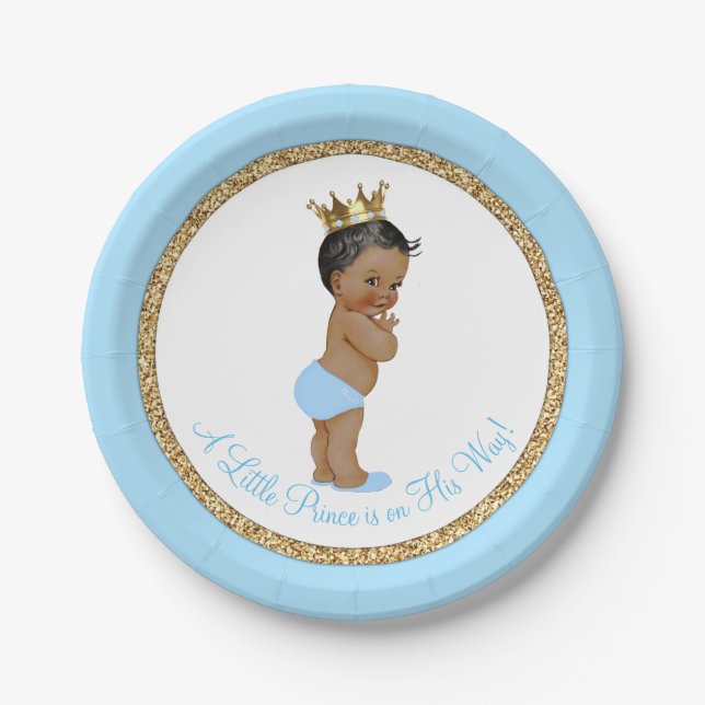 Assiettes En Carton Baby shower d'or bleu Bleu de l'Afro-Américain (Devant)