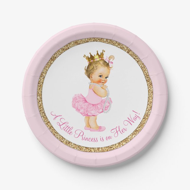 Assiettes En Carton Baby shower d'or rose Princesse Ballerina (Devant)