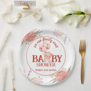Assiettes En Carton Baby shower d'ours blanc et rose 9 pouces