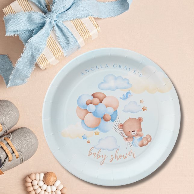 Assiettes En Carton Baby shower d'ours bleu Teddy (Créateur téléchargé)