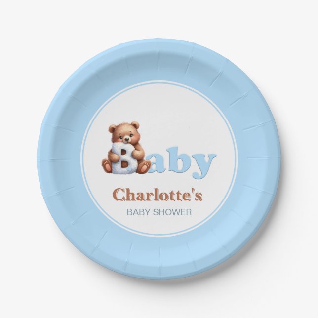 Assiettes En Carton Baby shower d'ours bleu Teddy (Devant)