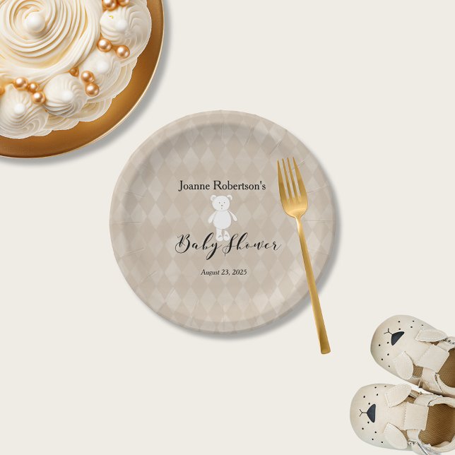 Assiettes En Carton Baby shower d'ours en peluche blanc | Jacquard Tan (Créateur téléchargé)