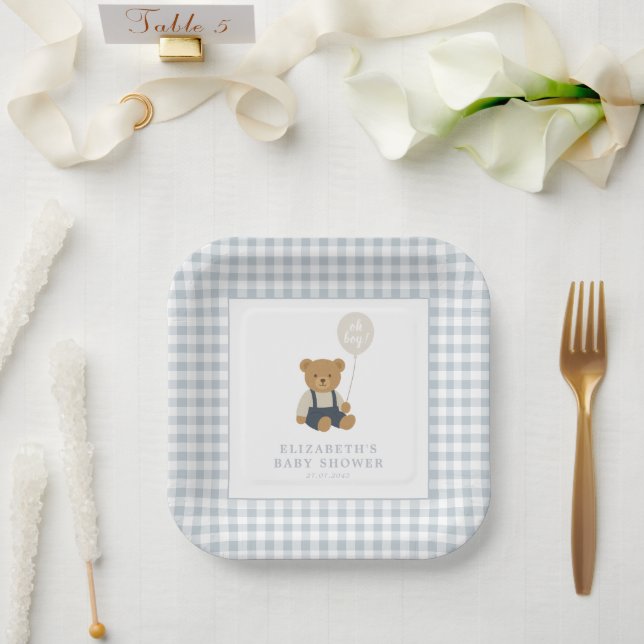 Assiettes En Carton Baby shower d'ours en peluche bleu clair En vichy (Mariage)