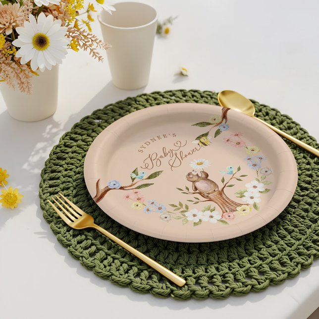 Assiettes En Carton Baby shower d'ours mignon en bois floral (Cute Floral Woodland Knitted Bear Baby Shower Paper Plates)