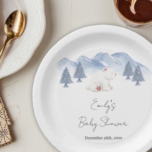 Assiettes En Carton Baby shower d'ours polaire hivernal neutre pour le (Cute Gender Neutral Winter Polar Bear Baby Shower Paper Plates)