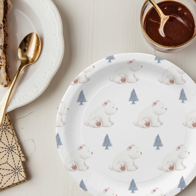 Assiettes En Carton Baby shower d'ours polaire hivernal neutre selon l (Gender Neutral Winter Polar Bear Baby Shower Paper Plates)