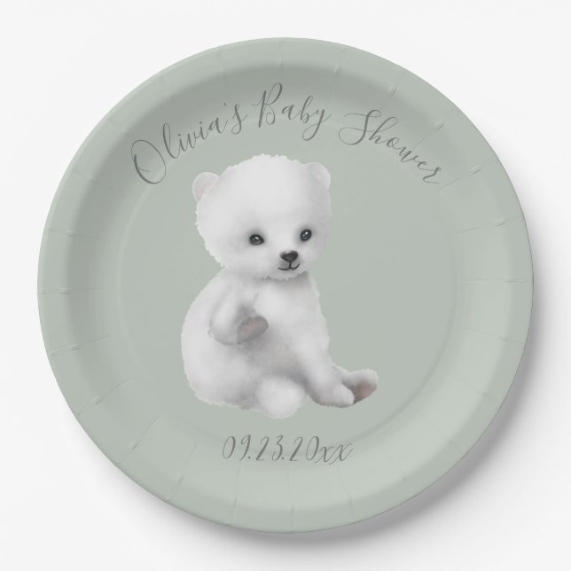 Assiettes En Carton Baby shower d'ours polaire vert Sage (Devant)