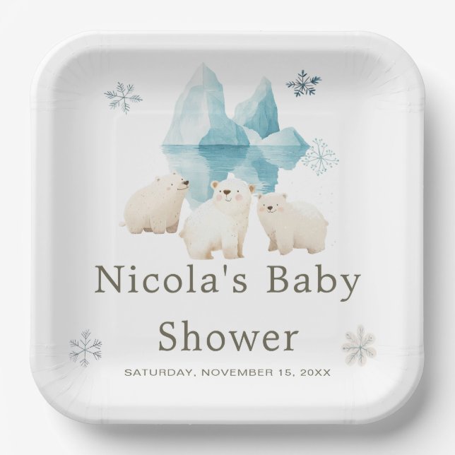 Assiettes En Carton Baby shower d'ours polaires d'hiver (Recto)