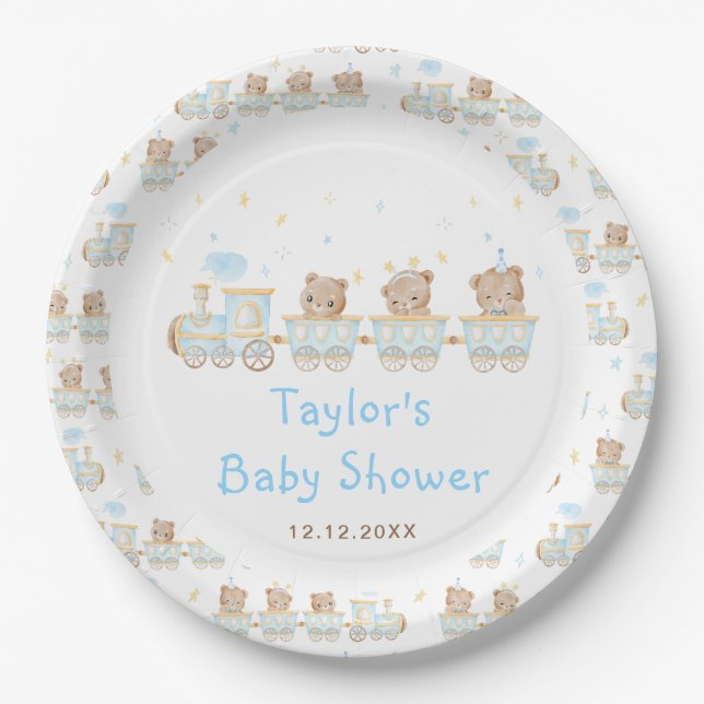 Assiettes En Carton Baby shower du train Bear Blue (Devant)
