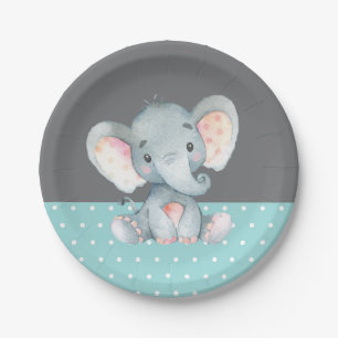 Assiettes En Carton Baby shower éléphant Aqua Turquoise Turquoise et G