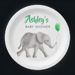 Assiettes En Carton Baby shower éléphant bébé éléphant et ballon vert<br><div class="desc">Cet éléphant doux tient son ballon et est prêt à accueillir les invités à votre baby shower. Le design présente mon aquarelle d'origine. Veuillez me contacter si vous souhaitez que la couleur du ballon change,  ou si vous avez besoin d'aide pour customiser votre commande.</div>