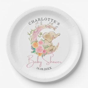 Assiettes En Carton Baby shower Eléphant Fille Lune Rose Cute