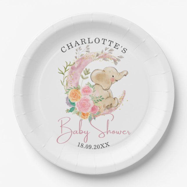 Assiettes En Carton Baby shower Eléphant Fille Lune Rose Cute (Devant)