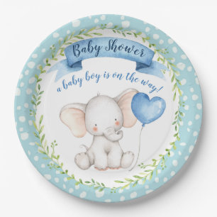 Assiettes En Carton Baby shower éléphant Garçon en Aquarelle Bleu P