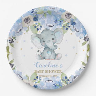 Assiettes En Carton Baby Shower Éléphant Mignon Fleurs Bleues 