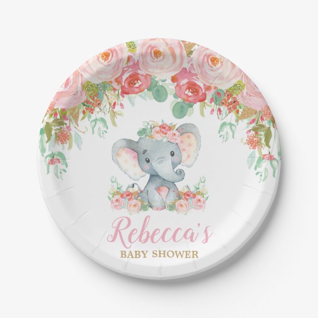 Assiettes En Carton Baby shower éléphant Rose Blush Floral Dessert 7" (Devant)