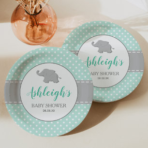 Assiettes En Carton Baby Shower éléphant vert menthe gris à pois
