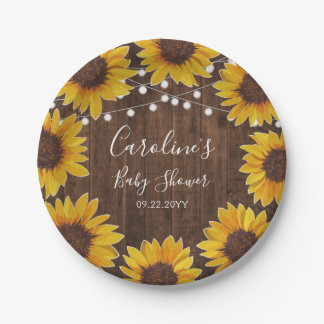Assiettes En Carton Baby shower en bois de Chaîne de tournesols rustiq
