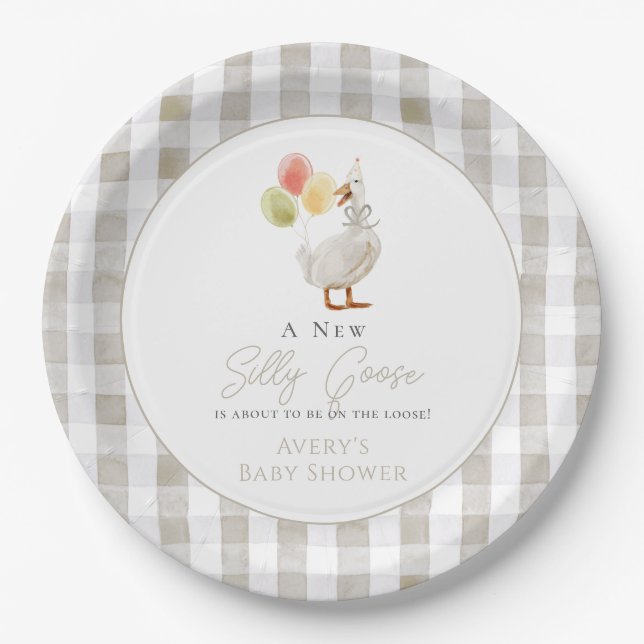 Assiettes En Carton Baby shower En vichy beige d'oie sotte (Devant)