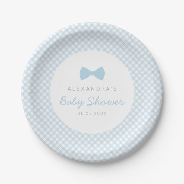 Assiettes En Carton Baby shower en vichy bleu (Devant)