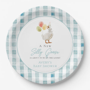 Assiettes En Carton Baby shower En vichy bleu oie