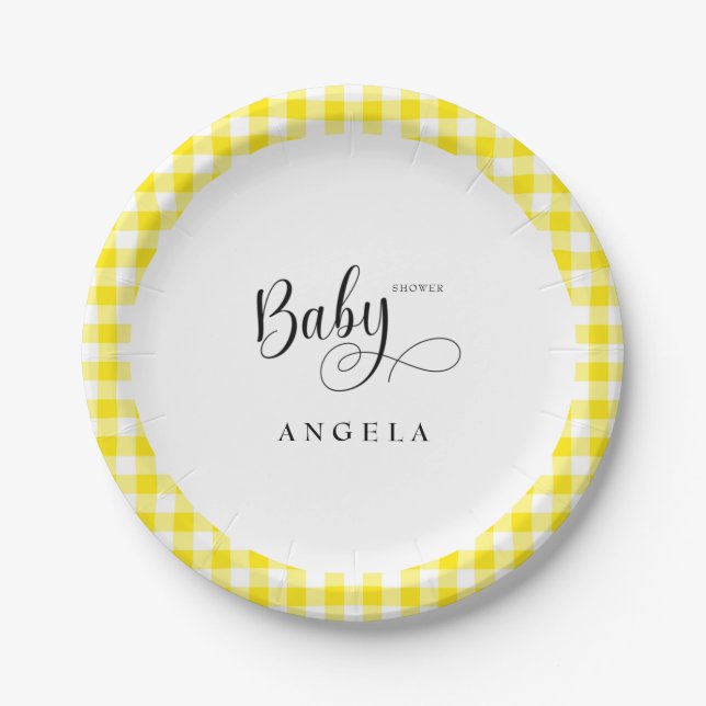 Assiettes En Carton Baby shower En vichy Jaune doux (Devant)