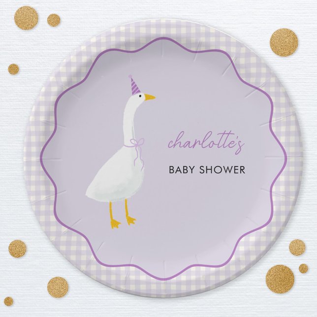 Assiettes En Carton Baby shower En vichy Little Goose Lilac (Little Goose geese themed personalized baby shower paper plates with lilac pastel gingham)